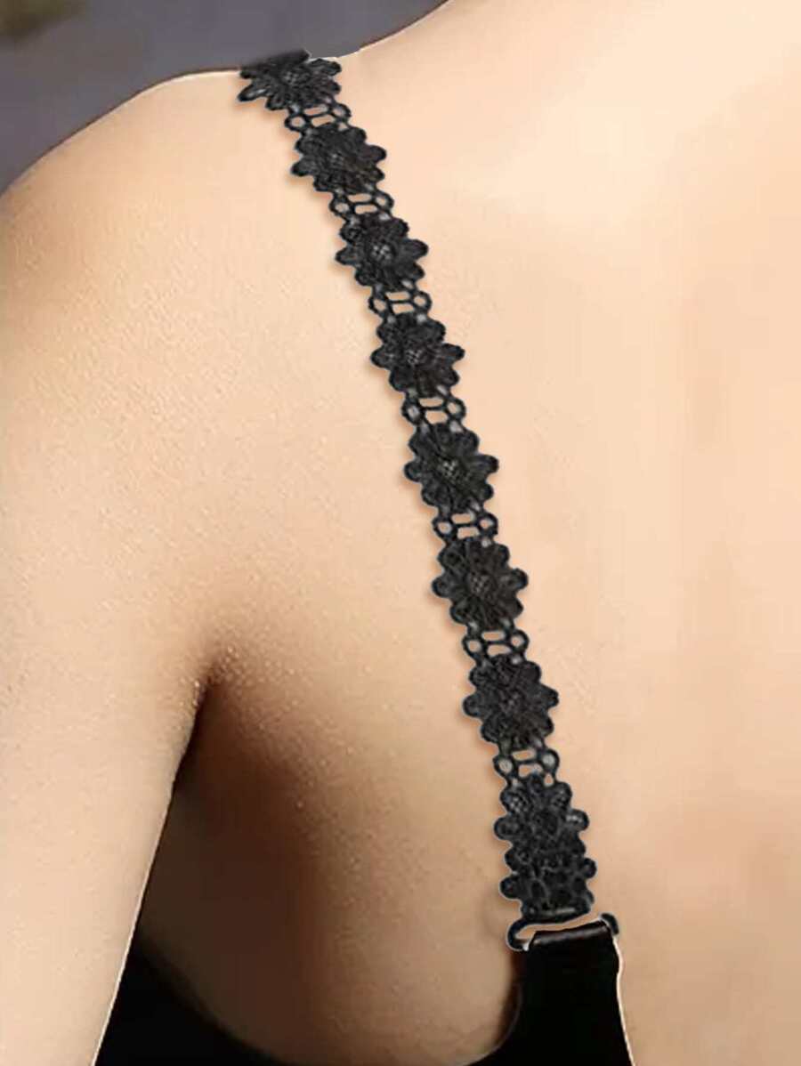 2 Piezas / Par Tirantes De Hombro De Ropa Interior Con Diseño De Flor De Encaje De Mujer Con Hebilla Antideslizante, Accesorios De Sujetador Invisible Y Sexy - Negro - Ver 1