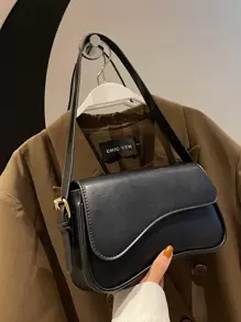 Bolso Baguette con Solapa Mediano Elegante Negro Simple Color Sólido Bolso con Solapa en las Axilas Bolso con Textura de PU Monedero Bolso Baguette Versátil de Moda