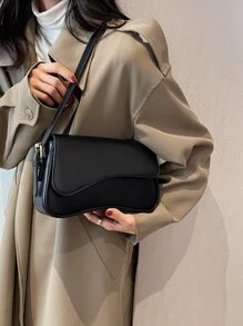 Bolso Baguette con Solapa Mediano Elegante Negro Simple Color Sólido Bolso con Solapa en las Axilas Bolso con Textura de PU Monedero Bolso Baguette Versátil de Moda