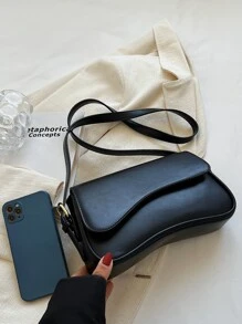 Bolso Baguette con Solapa Mediano Elegante Negro Simple Color Sólido Bolso con Solapa en las Axilas Bolso con Textura de PU Monedero Bolso Baguette Versátil de Moda