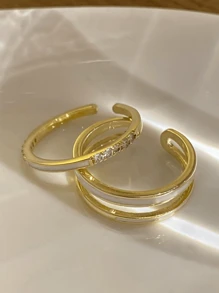 2入組時尚奢華的雙層調節女士戒指,優雅的裝飾設計指環 - 金色 - 查看 2