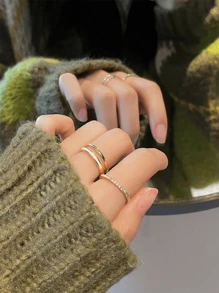 2入組時尚奢華的雙層調節女士戒指,優雅的裝飾設計指環 - 金色 - 查看 4