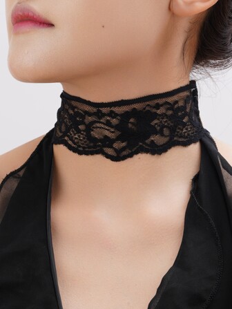 1 pieza Collar gargantilla ancho de encaje elástico con diseño hueco y jacquard, de estilo vintage y sexy minimalista para mujeres. Versátil para usar en Halloween, fiestas o uso diario casual.