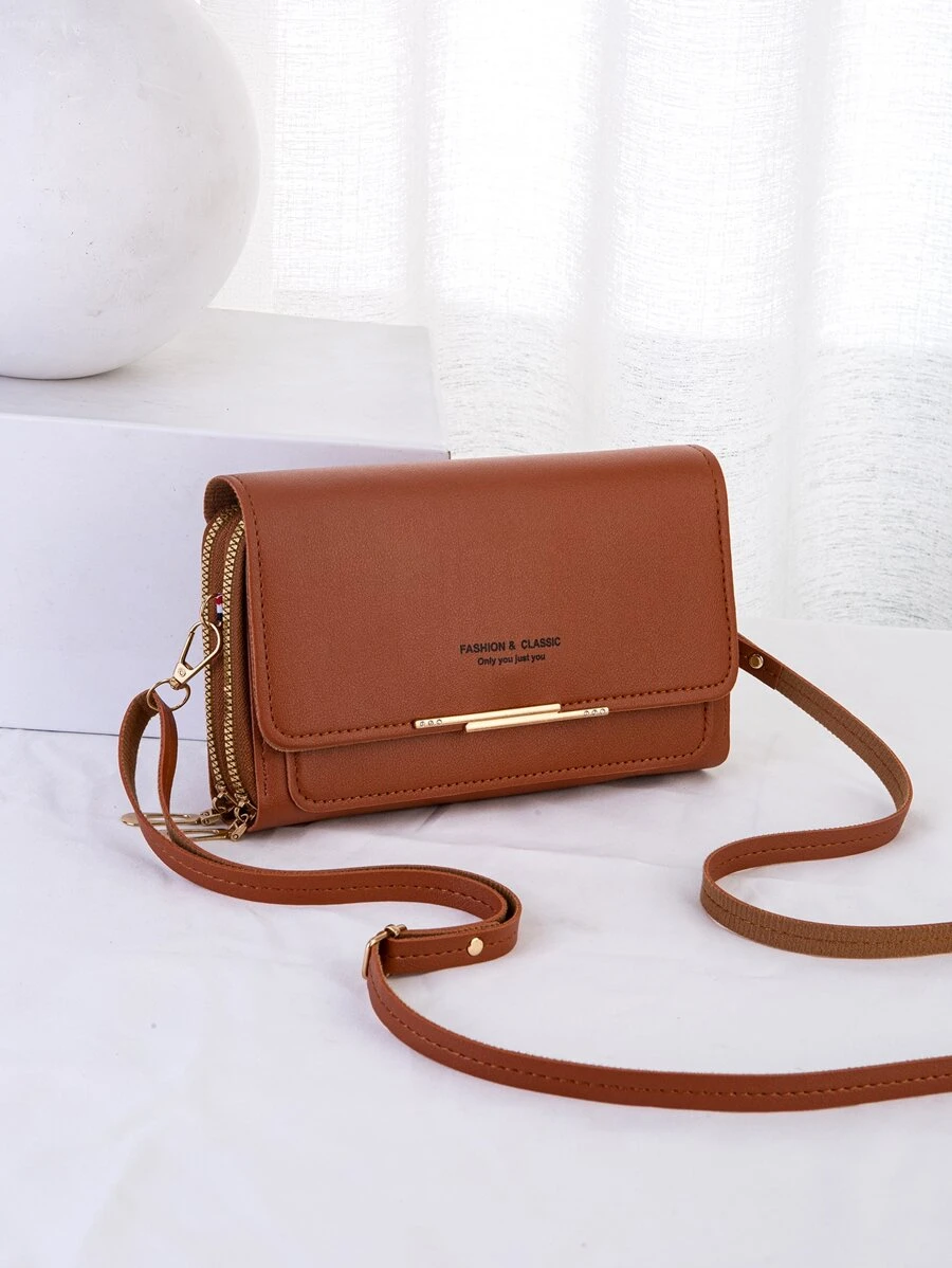 女士简约单肩包 简约零钱包 女士斜挎包 带可拆卸肩带 1 件 棕色 PU 皮革单肩斜挎包 手机钱包 带金属装饰 女士时尚便携手提箱设计单肩包 - 百搭拉链零钱包，出行方便！ 礼物礼物