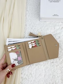 SOUTHLAND&KANGAROO 1個卡其色情侶主題硬體吊飾裝飾的pu可攜式三摺錢包,具有多個卡槽、照片插槽、短錢包和信用卡包,適用於女士的日常使用、工作或作為禮物 - 卡其色 - 查看 3