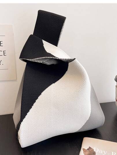 1 件黑白针织钩编镂空手提包/腕包，可折叠，轻便，透气，适合所有季节的女性/女孩/女士/青少年休闲、度假、上学和日常通勤，最佳母亲节礼物创意，母亲节礼物，妈妈礼物，妈妈的必需品，外出妈妈包