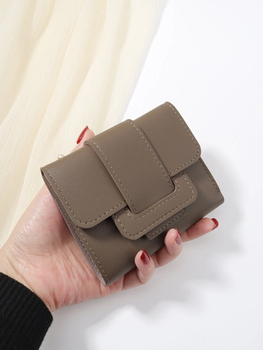 1pc Coffee Brown Belt Design Decoration PU Portable Triple Fold Flap With Multiple Card Slots Photo Slots Short Wallet Card Bag Credit Card Bag Suitable Daily Use Work And Dating Gifts For Women Wallet Purse Wallet Small Wallet - Coffee Brown - View 1