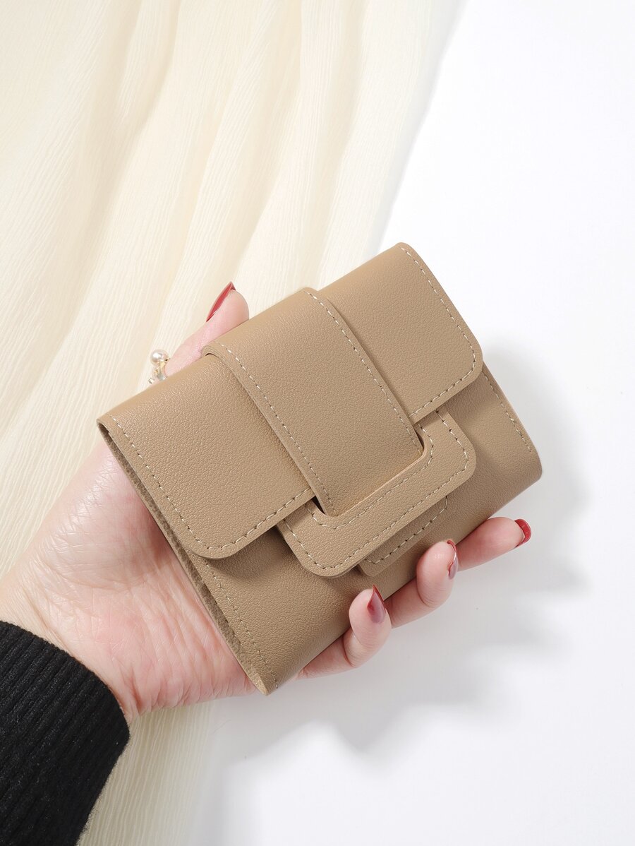 1pc Khaki Belt Design Decoration PU Portable Triple Fold Flap With Multiple Card Slots Photo Slots Short Wallet Card Bag Credit Card Bag Suitable For Daily Use Work And Dating Gifts Business Casual High Quality Leather For Women Wallet Purse Wallet Small Wallet - Khaki - View 1