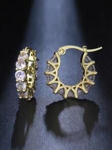 1 对新娘复古风格蕾丝圆形耳环，奢华锆石镶嵌圆形耳环，简约办公室佩戴 - 金色 - 查看 2