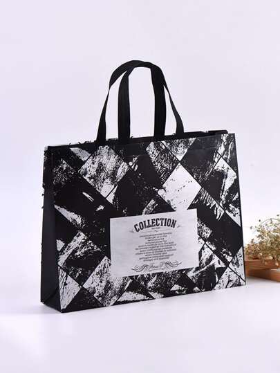 1pc 43x32x10cm Non-woven Fabric Clothes Gift Bag With Large Capacity, Black English Horizontal Pattern