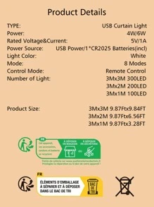 1入usb銅線簾燈8種模式(白色/暖白色/多色)3mx1m/3mx2m/3mx3m100/200/300 Led燈珠 - 白色 - 查看 8