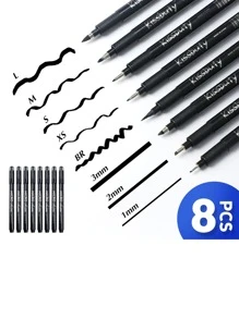 书法笔、手写笔、适合初学者书写、素描、剪贴簿、日记的书法毛笔套装、柔软细笔尖、黑色墨水绘图笔套装、8 号防水细线笔 Pigma Micron 绘图记号笔