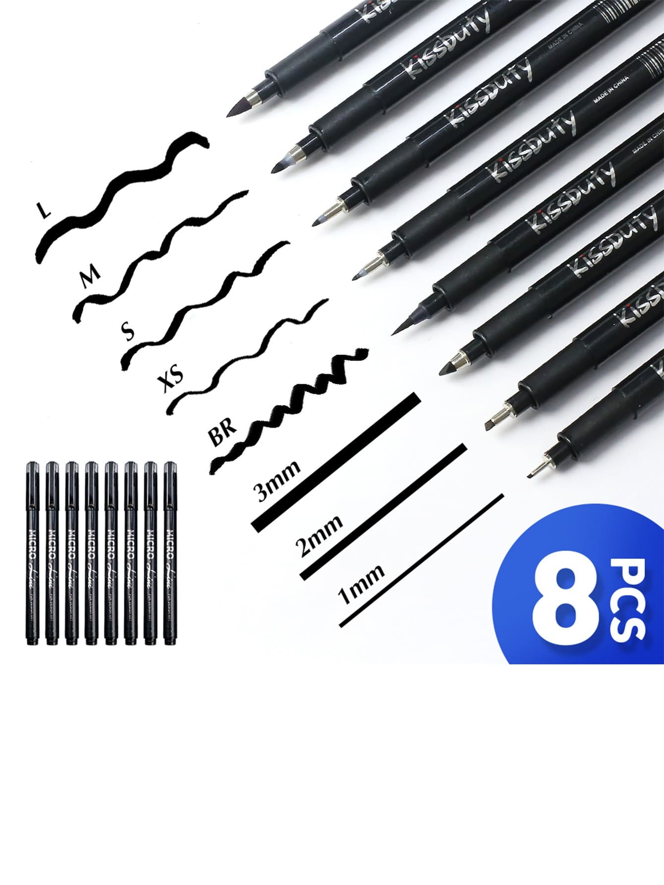 书法笔、手写笔、适合初学者书写、素描、剪贴簿、日记的书法毛笔套装、柔软细笔尖、黑色墨水绘图笔套装、8 号防水细线笔 Pigma Micron 绘图记号笔