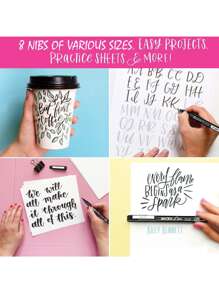 书法笔、手写笔、适合初学者书写、素描、剪贴簿、日记的书法毛笔套装、柔软细笔尖、黑色墨水绘图笔套装、8 号防水细线笔 Pigma Micron 绘图记号笔