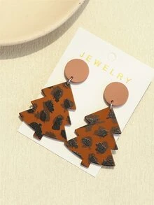 1雙女孩聖誕樹造型亞克力耳環帶黑色墨水塊狀印刷,陶瓷質感紋理適用於聖誕晚會 - 彩色 - 查看 4