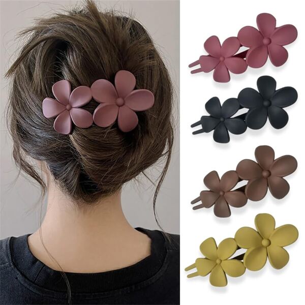 1/4Pcs Flower Hair Clips Matte French Hair Barrette Black Floral Hairpins Hair Claw Clips Non-Slip Hair Clamps Grab Elegant Hair Accessories For Women Girls Wedding Party Hair, School Stuff
