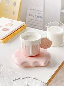 1pc 240ml Ceramic Biscuit Mug & Saucer Set, Coffee Cup Design For Afternoon Tea Cute And Exquisite High-Grade Tea Set - Pink - View 1