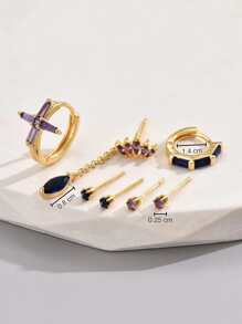 7入組/套時尚和優雅紫色氧化鋯鏈條耳環套裝,完美適用於女士們至穿戴日常,派對和節日場合 - 金黃色 - 查看 4