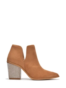 Women's  Rhinestone Heel Suede Ankle Booties - Single Pointy Toe Suede Mid Heel For Casual Parties - 米色 - 查看 3