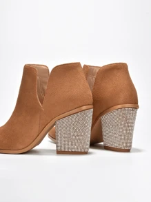 Women's  Rhinestone Heel Suede Ankle Booties - Single Pointy Toe Suede Mid Heel For Casual Parties - 米色 - 查看 4