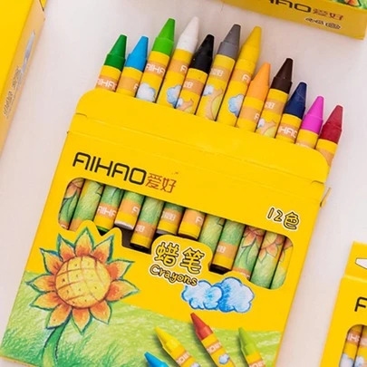 1 盒儿童蜡笔、彩色画笔、向日葵蜡笔和卡通文具用品，含 12 种颜色，适合绘画、涂鸦和绘画，返校