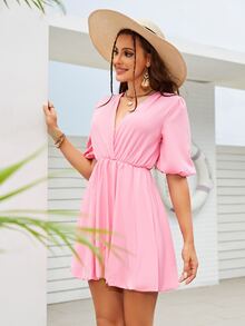 Vestido Liso, Vestido Corto Para Mujer, Vestido con Escote Profundo en V, Manga de Farol, Manga Abullonada - Rosa - Ver 5