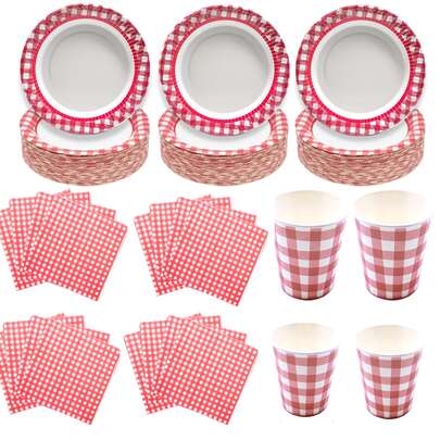 Wedding Birthday Party Tableware set with Red White Plaid Plates 7", 9Oz Lattice Cups and Paper napkins, Red and White Lattice for Holiday Party Picnic Decoration, Bridal Baby Shower Wedding Supply Serves 20 Guests