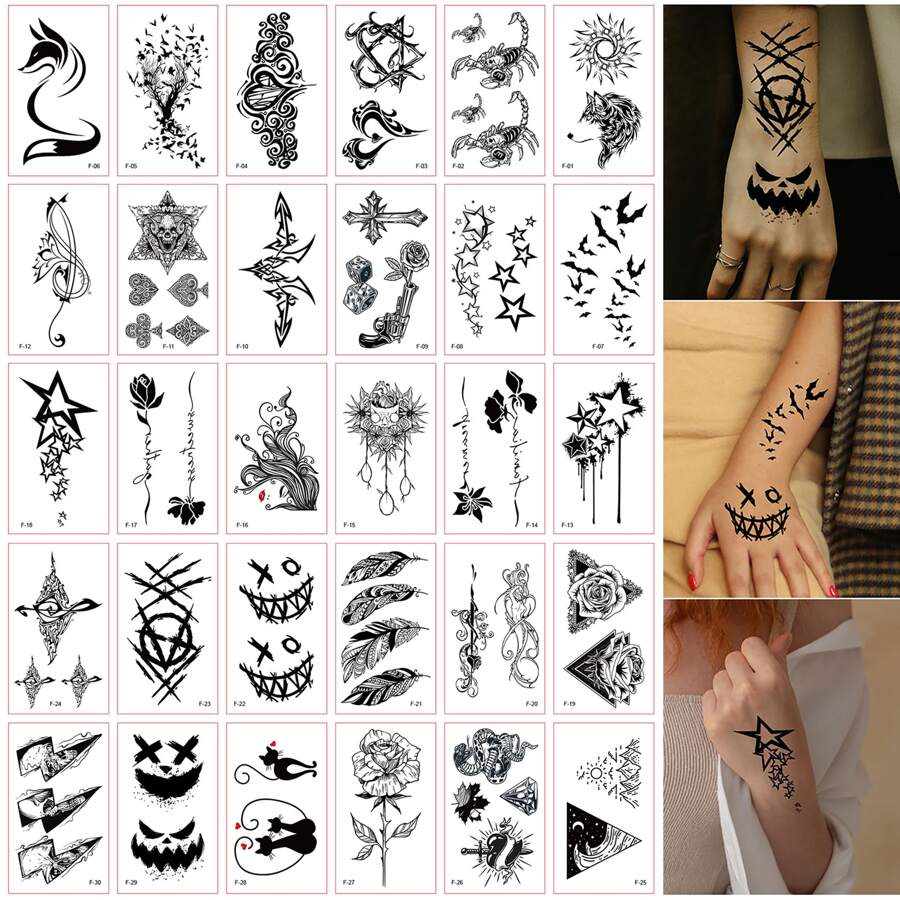 30Pcs Temporary Tattoo Sticker, Black Grimace Bat Multiple Design Combined Fake Tattoo Sticker - Black and White - View 1