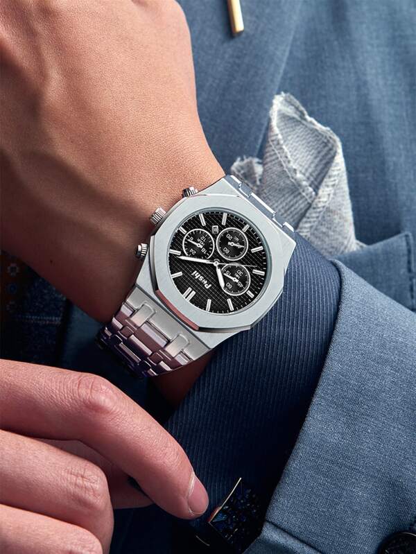 Poshi 1pc Luxury Stainless Steel Band Men's Watch With Waterproof Function, Calendar And Business Style Father