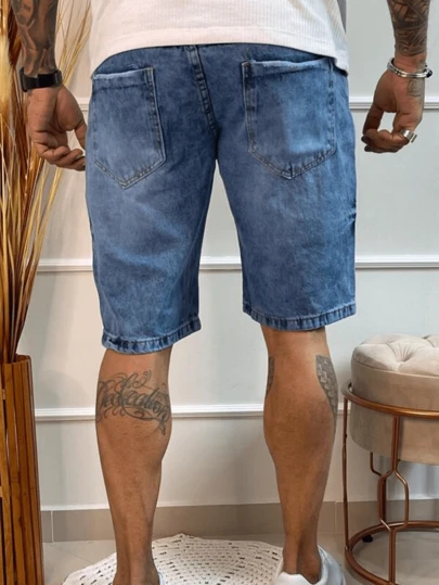 TOP Shorts Denim Masculina Rasgado 100% Algodão