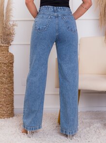 Jeans cintura alta perna larga/Estas calças não têm elasticidade e o tecido é 100% algodão - Lavagem clara - Visão 2