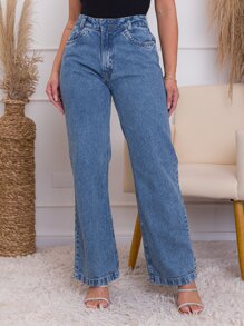 Jeans cintura alta perna larga/Estas calças não têm elasticidade e o tecido é 100% algodão - Lavagem clara - Visão 3