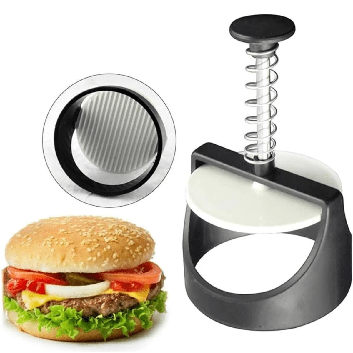 Prensadora De Carne Para Hamburguesa Patty Maker Con Resorte - Blanco y Negro - Ver 1