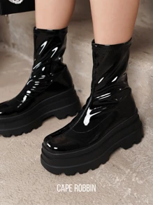 Women's  Shiny Patent Lug Platform Booties - Lug, Platform Square Toe Patent Mid Heel For Festival Shoes - 黑色 - 查看 1