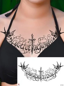1 tờ Nhãn dán hình xăm đồ họa chữ cái - Đen và trắng - Xem 3