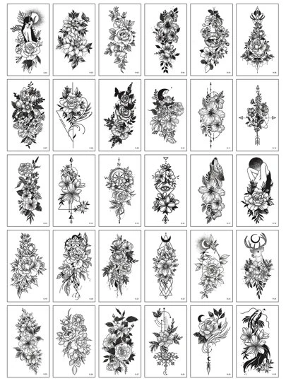 30 件小尺寸图案防水黑色花朵临时纹身贴纸 适合女性女孩