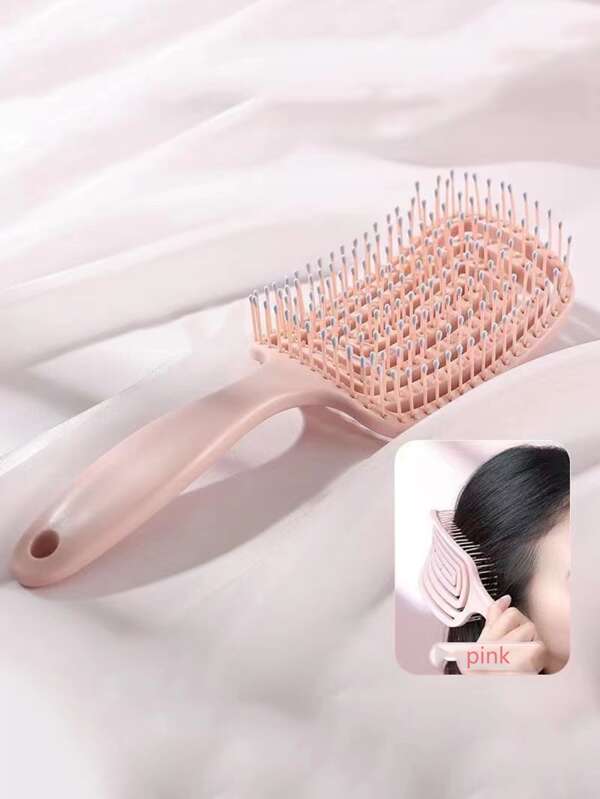 1pc Lady's Pink Hollow Out Design Anti-Static Vent Brush With Long Handle For Wet And Dry Hair Pink Accessories