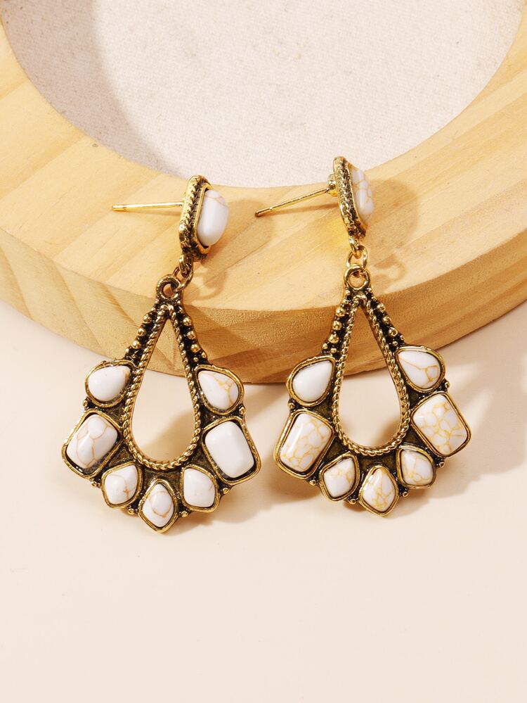 1 Par Pendientes De Mujer En Color Dorado Antiguo Con Marfil Y Turquesa Blanca De Estilo Occidental Popular Con Grandes Caídas De Joyería - Multicolor - Ver 5