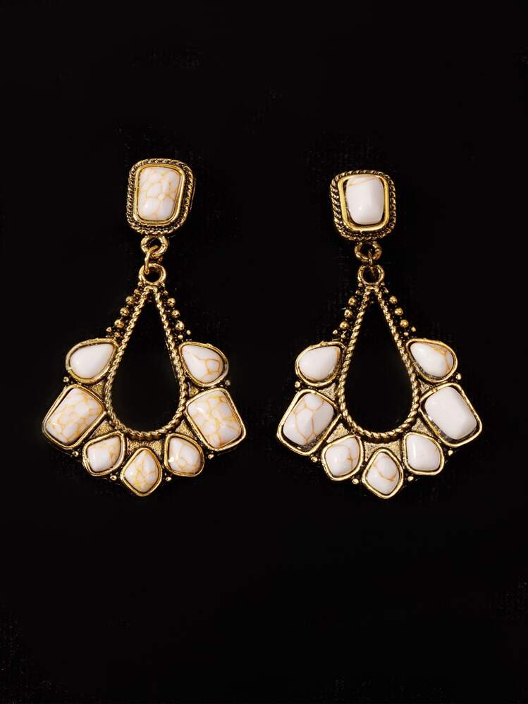 1 Par Pendientes De Mujer En Color Dorado Antiguo Con Marfil Y Turquesa Blanca De Estilo Occidental Popular Con Grandes Caídas De Joyería - Multicolor - Ver 1