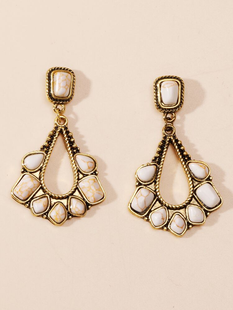 1 Par Pendientes De Mujer En Color Dorado Antiguo Con Marfil Y Turquesa Blanca De Estilo Occidental Popular Con Grandes Caídas De Joyería - Multicolor - Ver 3