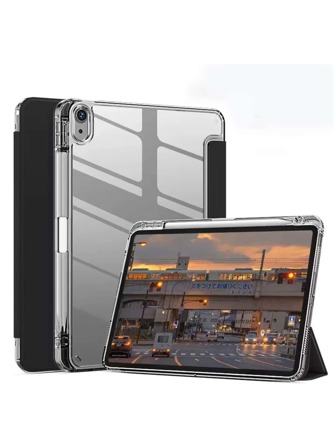 1 件黑色高透明亚克力一体式笔槽三折皮套，带磁性睡眠功能，三折支架支撑，兼容 IPAD Mini6/Mini7/9.7/10.2/10.5/Air4/Air5/10th/10.9/Pro11/Air11(M2)/Air13(M2)/Pro11(M4)/Pro13(M4) 2024 12.9 英寸/IPad Air 13(M3 2025)/IPad Air 11 英寸 (M3) 2025/IPad (A16) 11 英寸第 11 代 2025