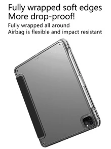 1PC Black High-Transparent Acrylic Combined Pen Holder Tri-Fold Leather Case With Magnetic Sleep Function And Stand Support, Compatible With IPad Protection