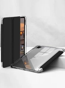 1PC Black High-Transparent Acrylic Combined Pen Holder Tri-Fold Leather Case With Magnetic Sleep Function And Stand Support, Compatible With IPad Protection