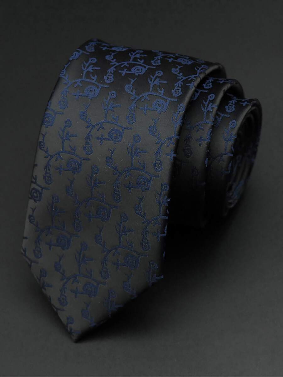 1 Pieza Corbata Delgada De 6 Cm Para Hombre Con Patrón De Flores Azul Marino Sobre Un Fondo Negro Para Uso Casual - Multicolor - Ver 1