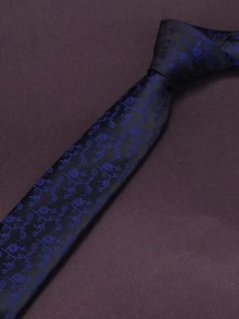 1 Pieza Corbata Delgada De 6 Cm Para Hombre Con Patrón De Flores Azul Marino Sobre Un Fondo Negro Para Uso Casual - Multicolor - Ver 2