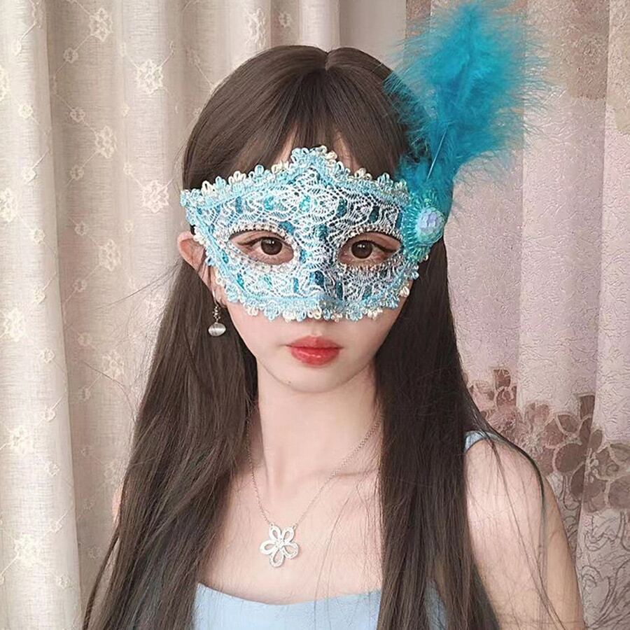 1pc Feather Decor Party Mask - Blue - View 1