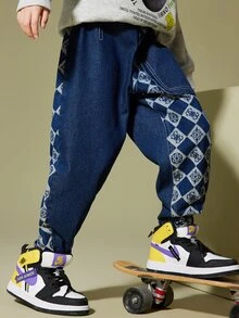 Niños Jeans con estampado de cuadros - Azul lavado oscuro - Ver 10