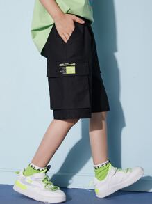 男孩字母貼布翻蓋口袋工裝短褲 - 黑色 - 查看 6