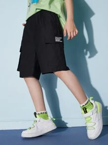 男孩字母貼布翻蓋口袋工裝短褲 - 黑色 - 查看 7