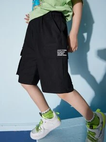 男孩字母貼布翻蓋口袋工裝短褲 - 黑色 - 查看 8